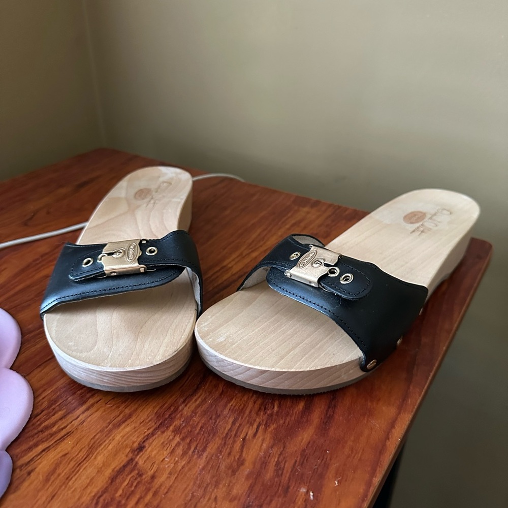 Dr Scholl black wooden sandal